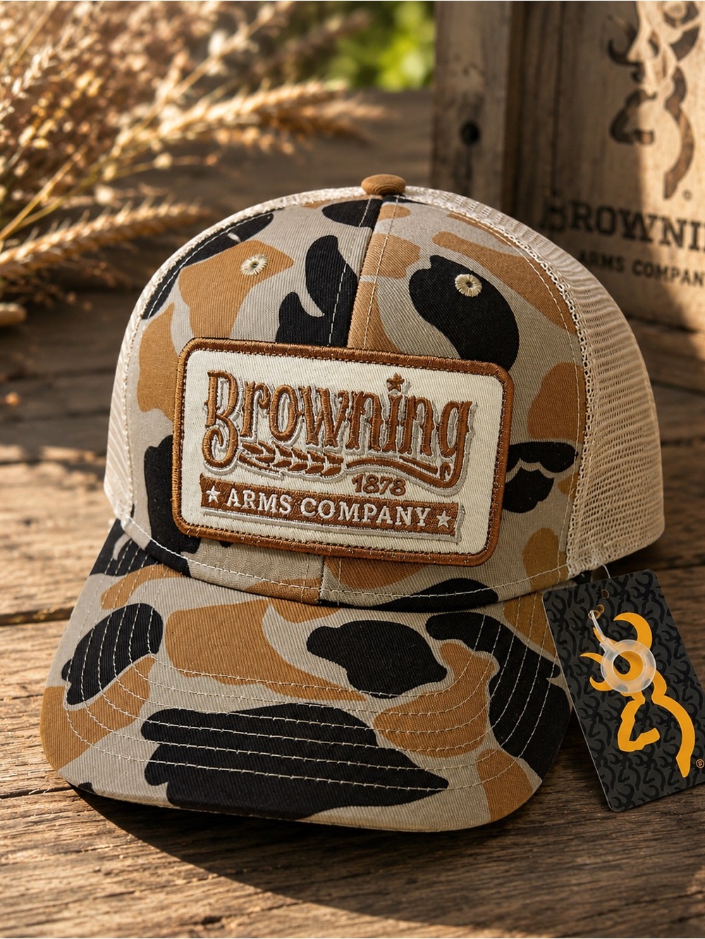 Browning Arms Company Camo Trucker Hat Snapback NWT Vintage Tan